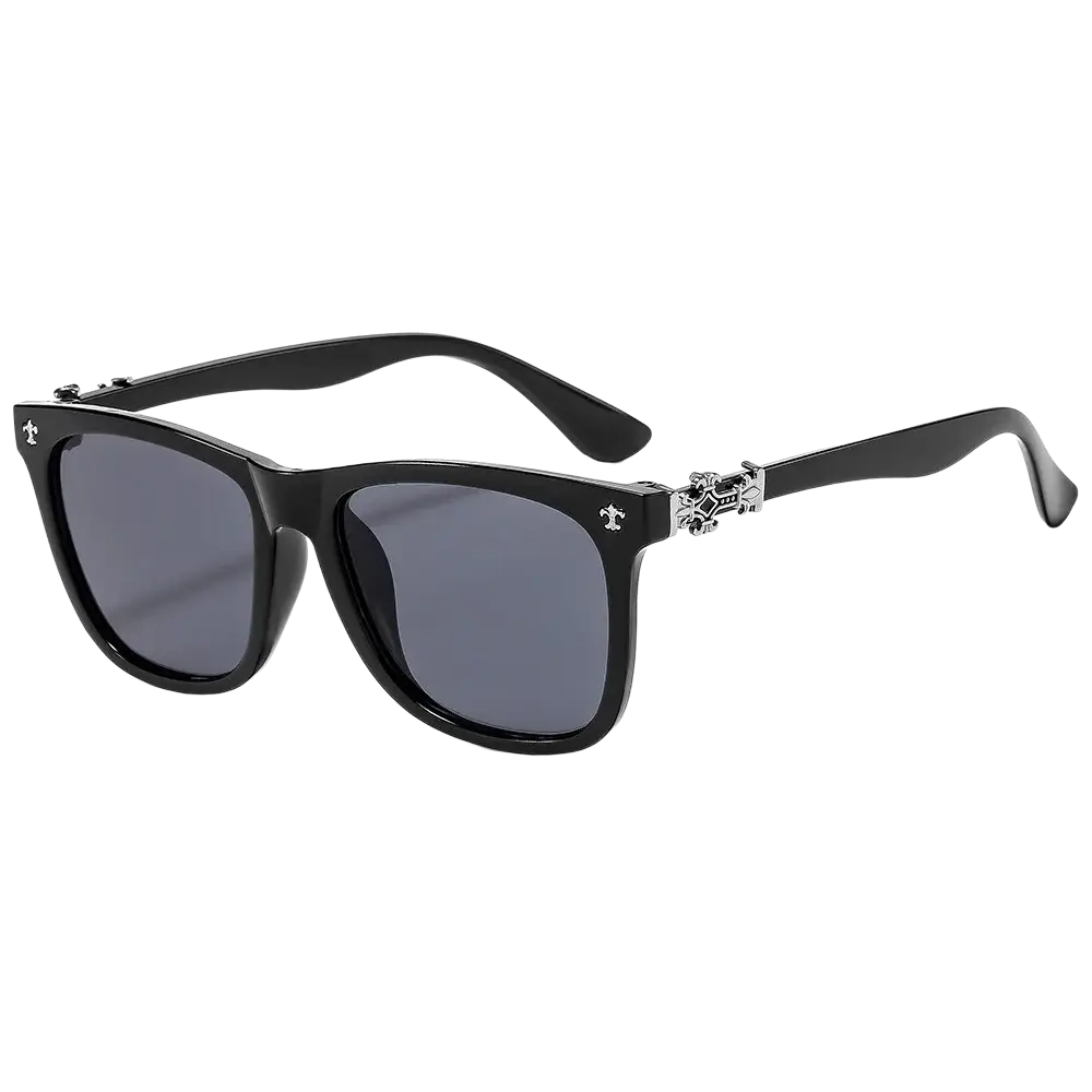 Black square eyeglasses with anti blue light frames featuring dark gray lenses and silver skull embellishments on temples