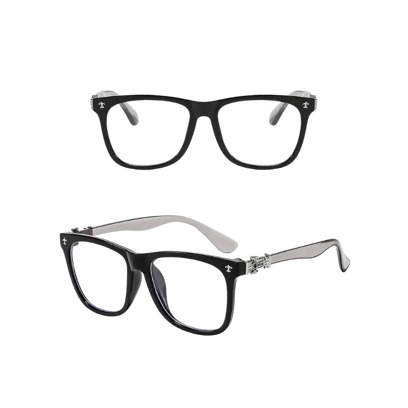 Black and gray rectangular-framed eyeglasses with anti blue light lenses and a sleek modern design