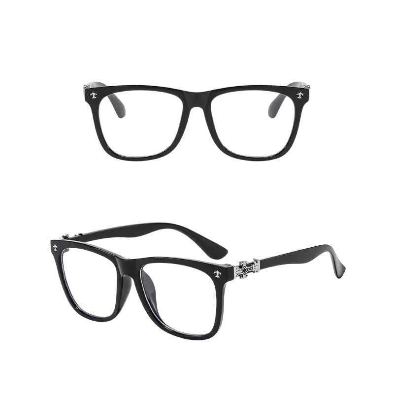 Black square eyeglasses with anti blue light lenses and silver cross embellishments on black rectangular frames