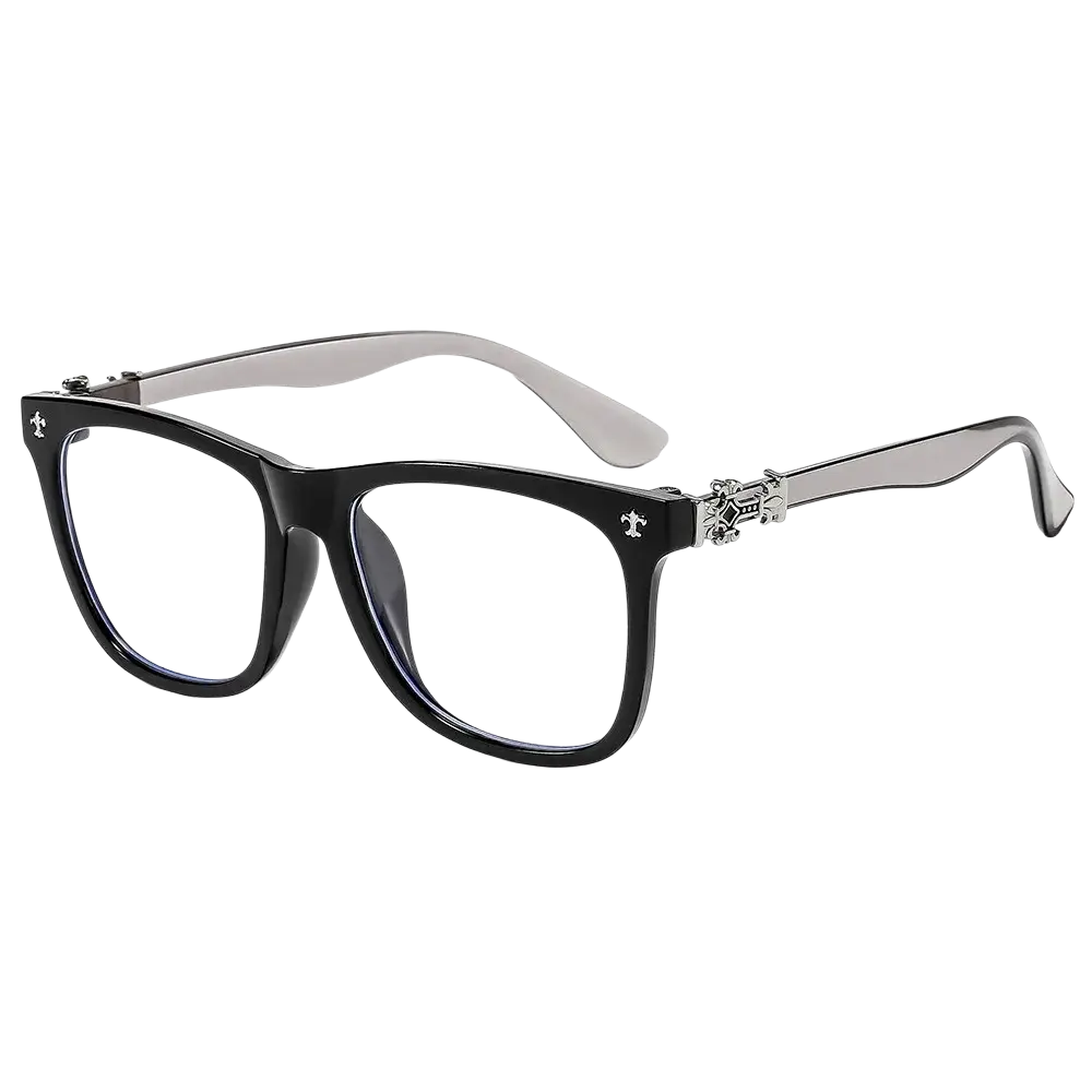 Black square eyeglasses with anti blue light lenses black rectangular frames and silver ornate metal hinges