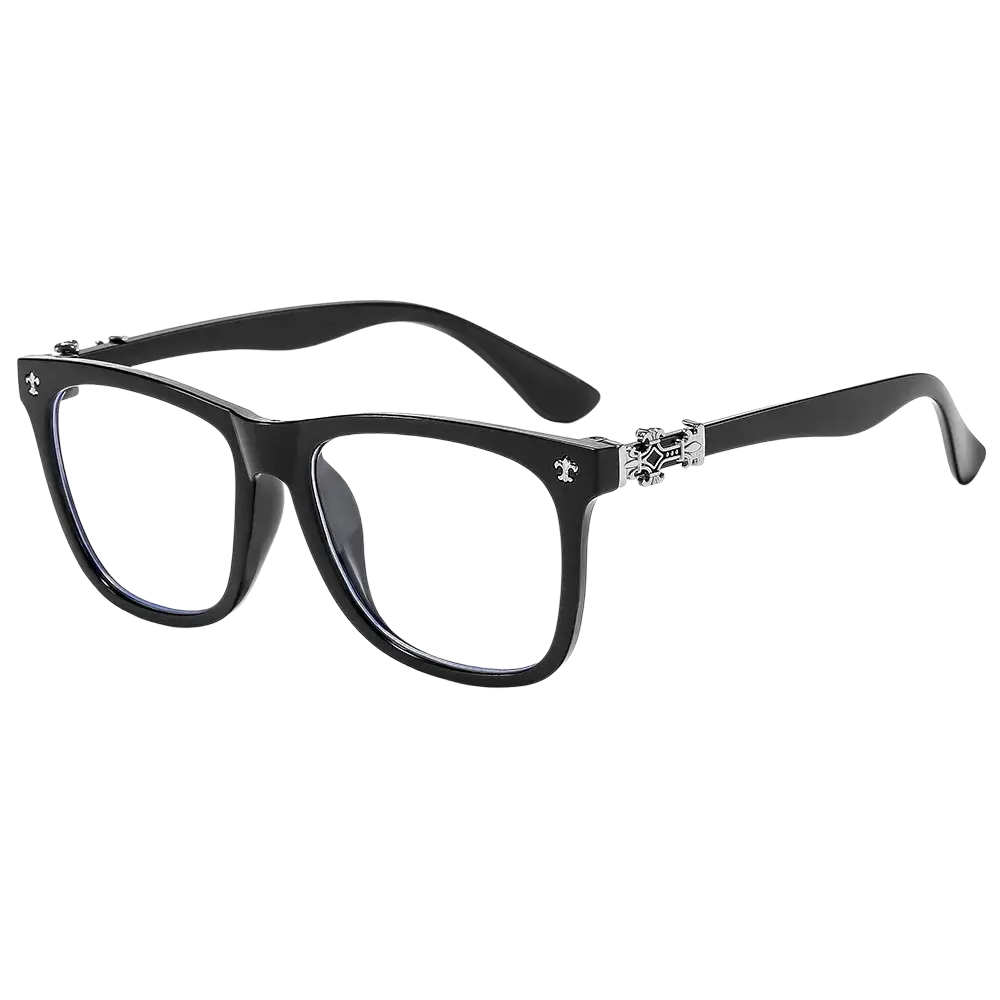 Black square eyeglasses with anti blue light lenses featuring black rectangular frames and silver ornate metal temples