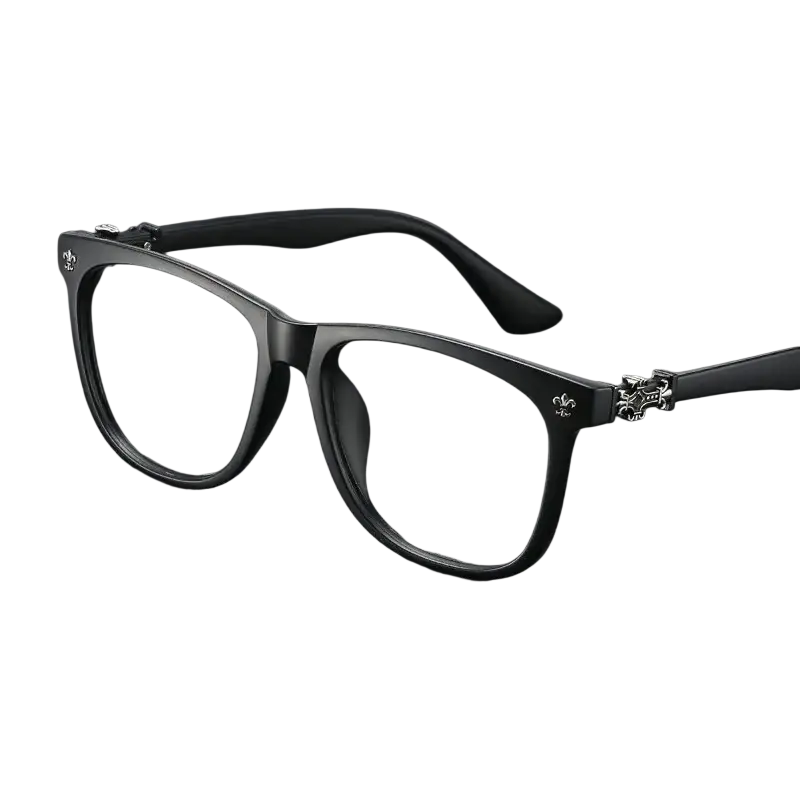 Black square eyeglasses with anti blue light lenses and black rectangular frames featuring silver temple details