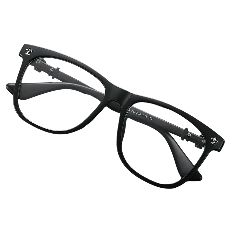 Black square eyeglasses with anti blue light clear lenses and black rectangular frames with metallic temple emblems
