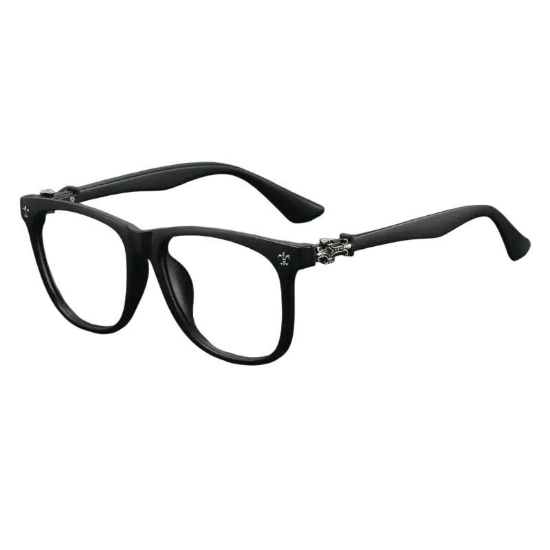 Black square eyeglasses with anti blue light lenses and silver skull embellishments on black rectangular frames