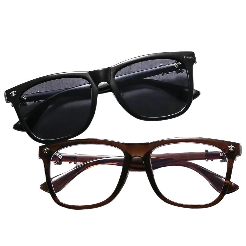 Black square anti blue light eyeglasses with black and tortoiseshell frames and silver star embellishments