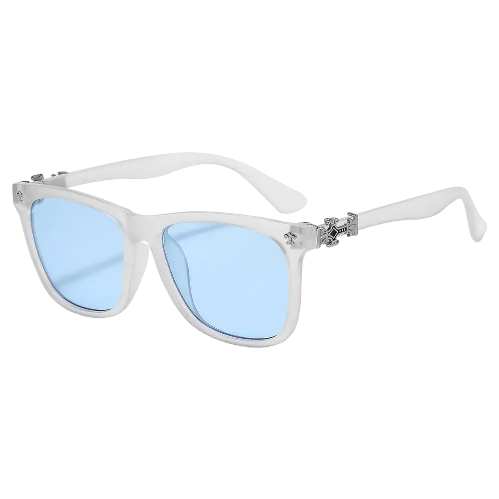 Black square eyeglasses with white frames, light blue lenses, and silver-toned decorative crosses on the temples