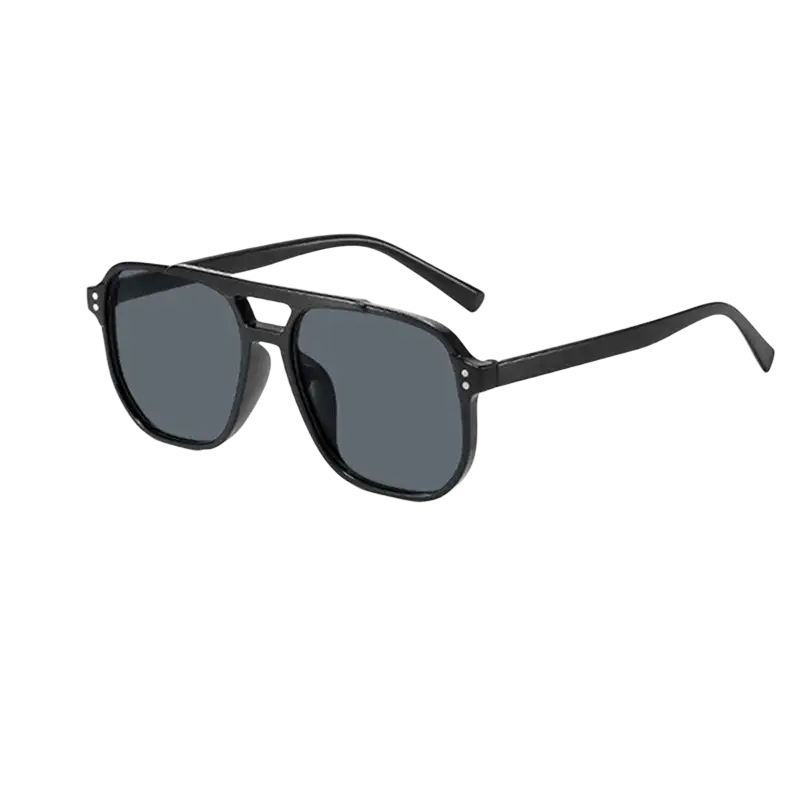 Black square sun glasses with uv400 protection featuring black aviator-style glossy frames and dark gray lenses
