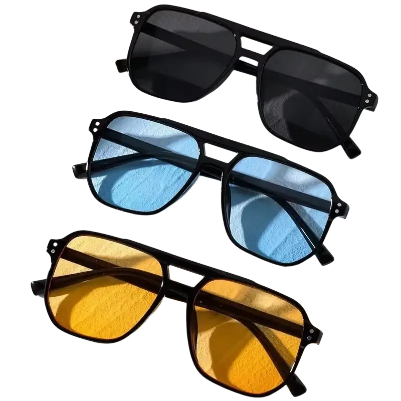 Black square sun glasses uv400 unisex with black frames and gradient tinted lenses in dark blue and yellow hues