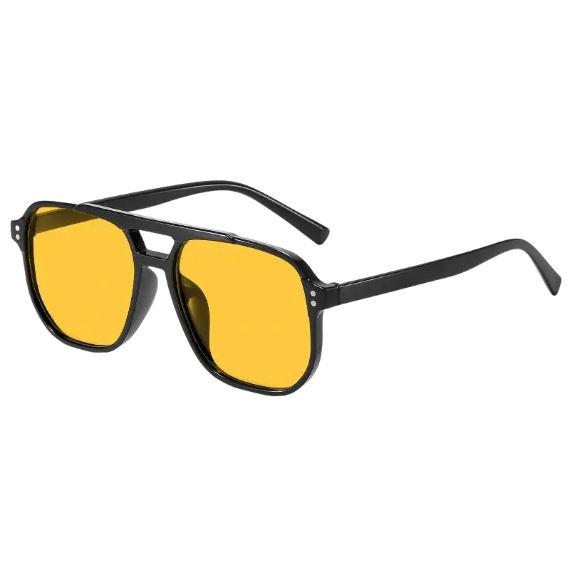 Black square sun glasses uv400 unisex with black frames and vibrant yellow aviator lenses for sun protection