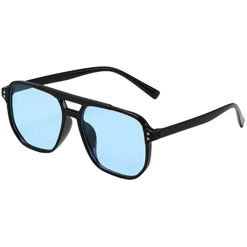 Black square uv400 unisex sunglasses with black glossy frame and light blue tinted aviator lenses