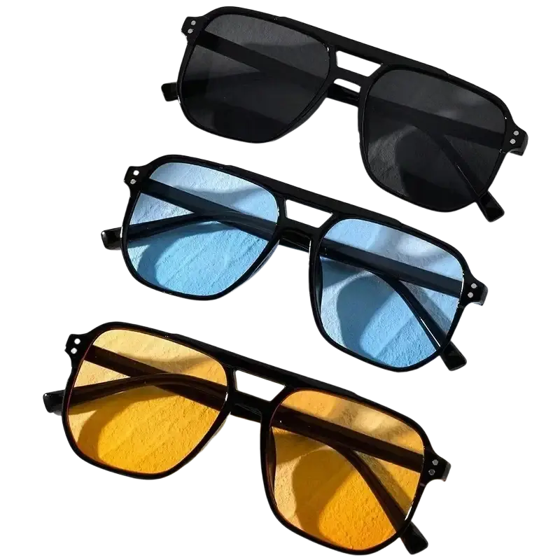 Black square sunglasses uv400 unisex with black-framed aviator style and gradient lenses in black blue and yellow