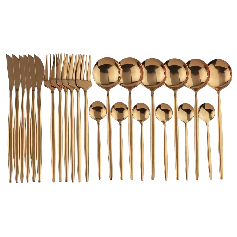 Black stainless steel 24 piece flatware set with gold toned stainless steel cutlery featuring a sleek modern design