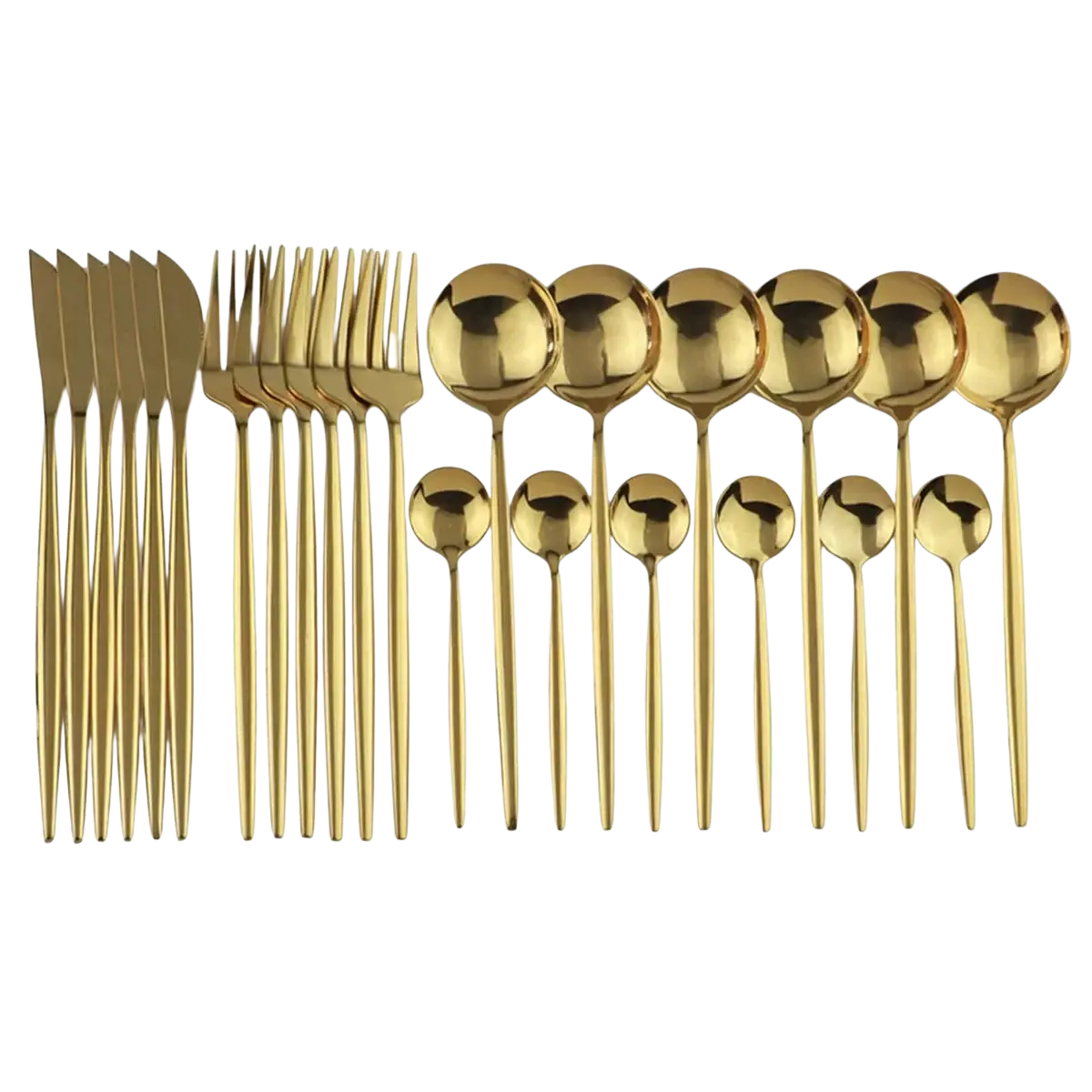 Golden stainless steel cutlery set with sleek modern design included in black stainless steel 24 piece flatware set
