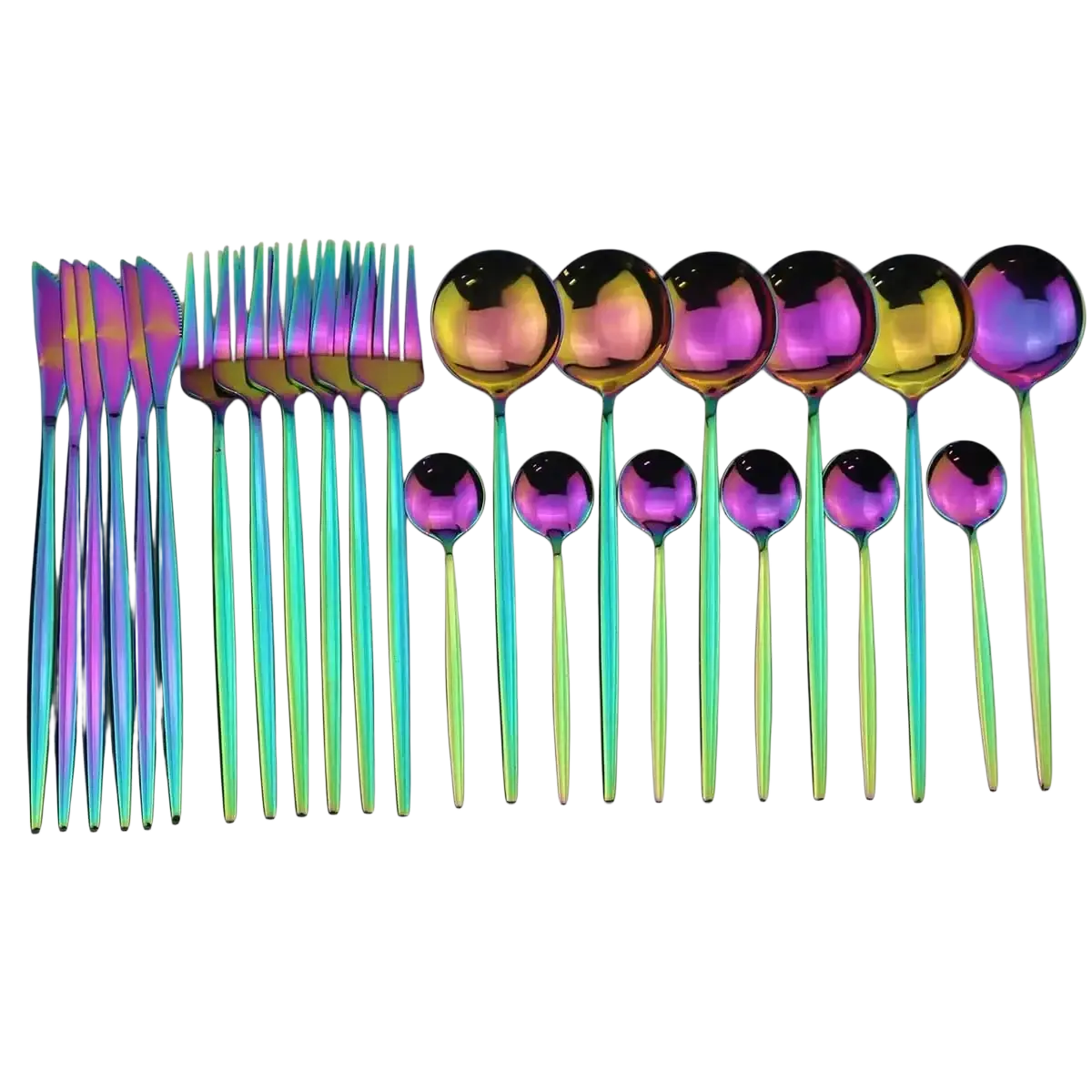 Black stainless steel 24 piece flatware set with iridescent rainbow finish and sleek modern design