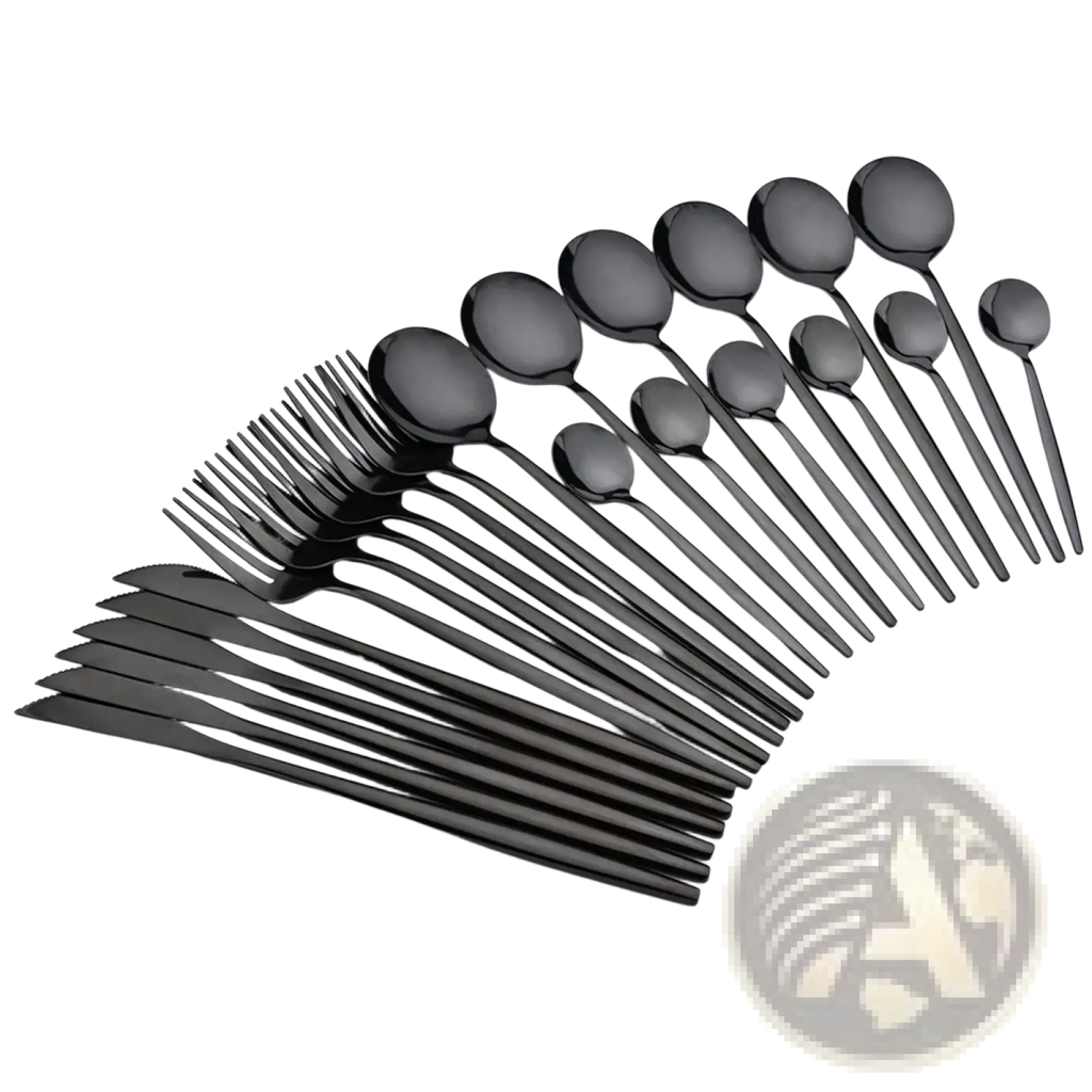 Set of 24 black matte-finished stainless steel flatware pieces with sleek modern design for elegant dining