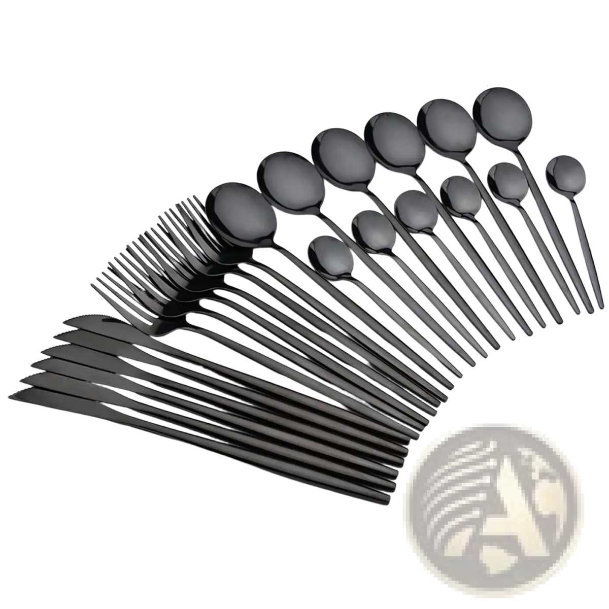 Set of 24 black matte-finished stainless steel flatware pieces with sleek modern design for elegant dining