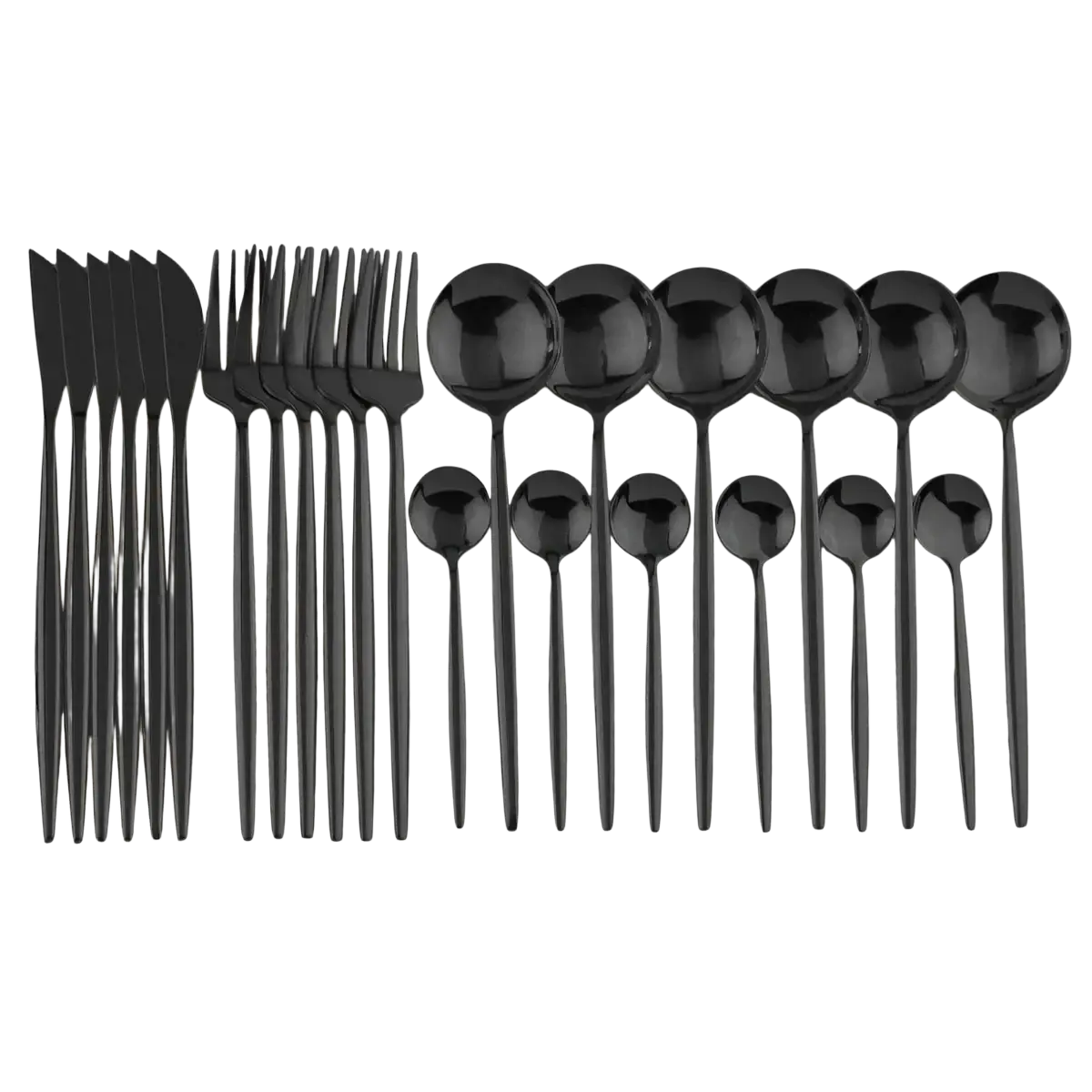 Set of black matte-finished stainless steel flatware with sleek modern design in a 24 piece dinnerware set