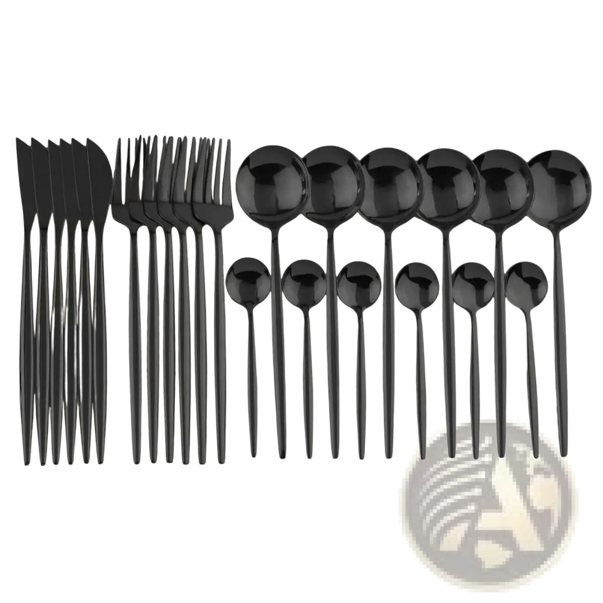 Black stainless steel 24 piece flatware set with sleek modern design and matte finish for elegant table settings
