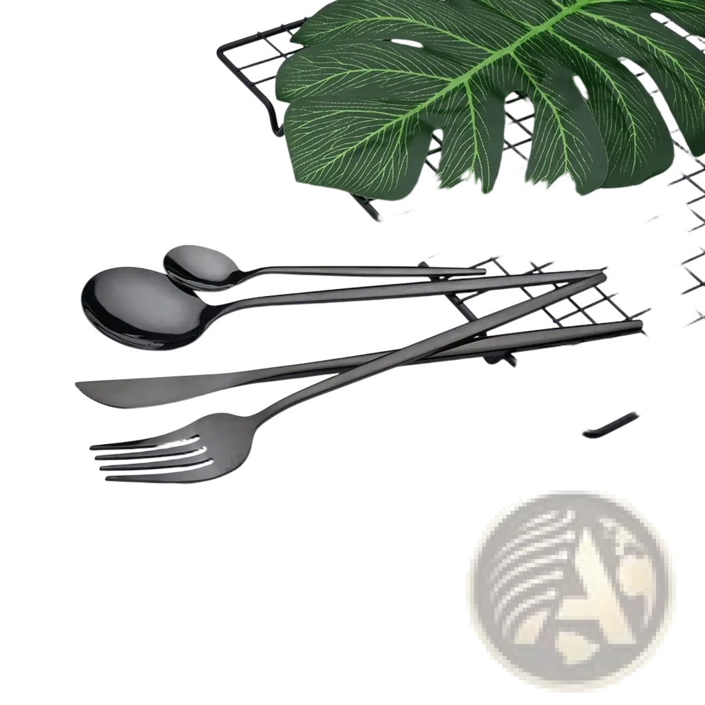 Set of black matte stainless steel 24 piece flatware with modern minimalist design and polished bowls