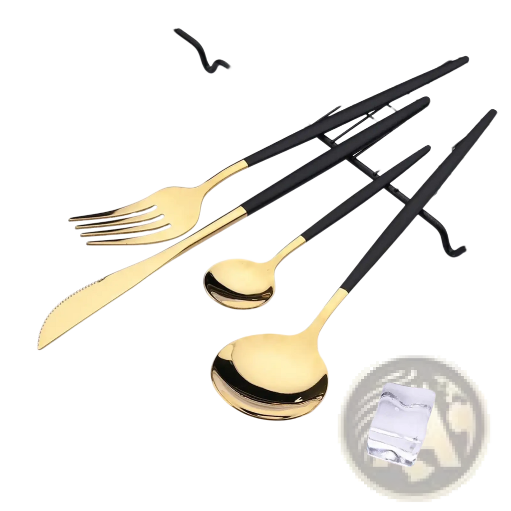Modern two-tone black stainless steel 24 piece flatware set with sleek black handles and polished gold blades on wire rack