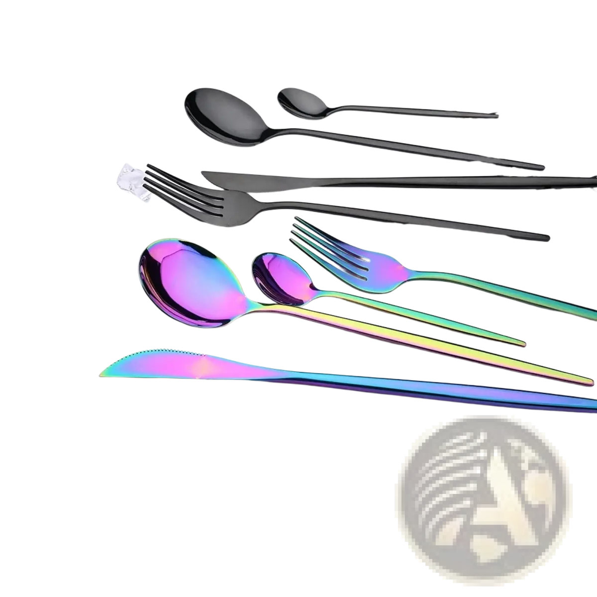 Rainbow-finished stainless steel 24 piece flatware set with sleek modern design in black stainless steel material