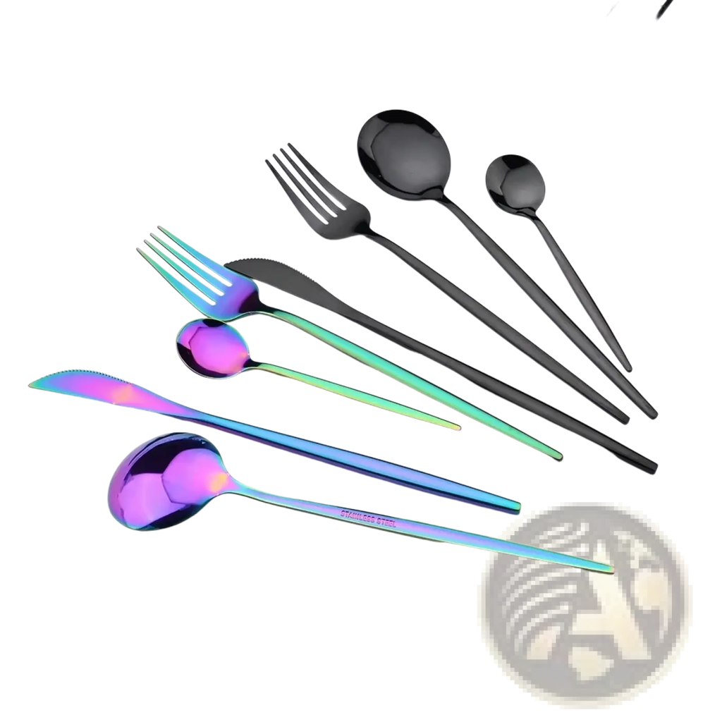 Black stainless steel 24 piece flatware set featuring sleek rainbow iridescent stainless steel dinnerware with glossy finish