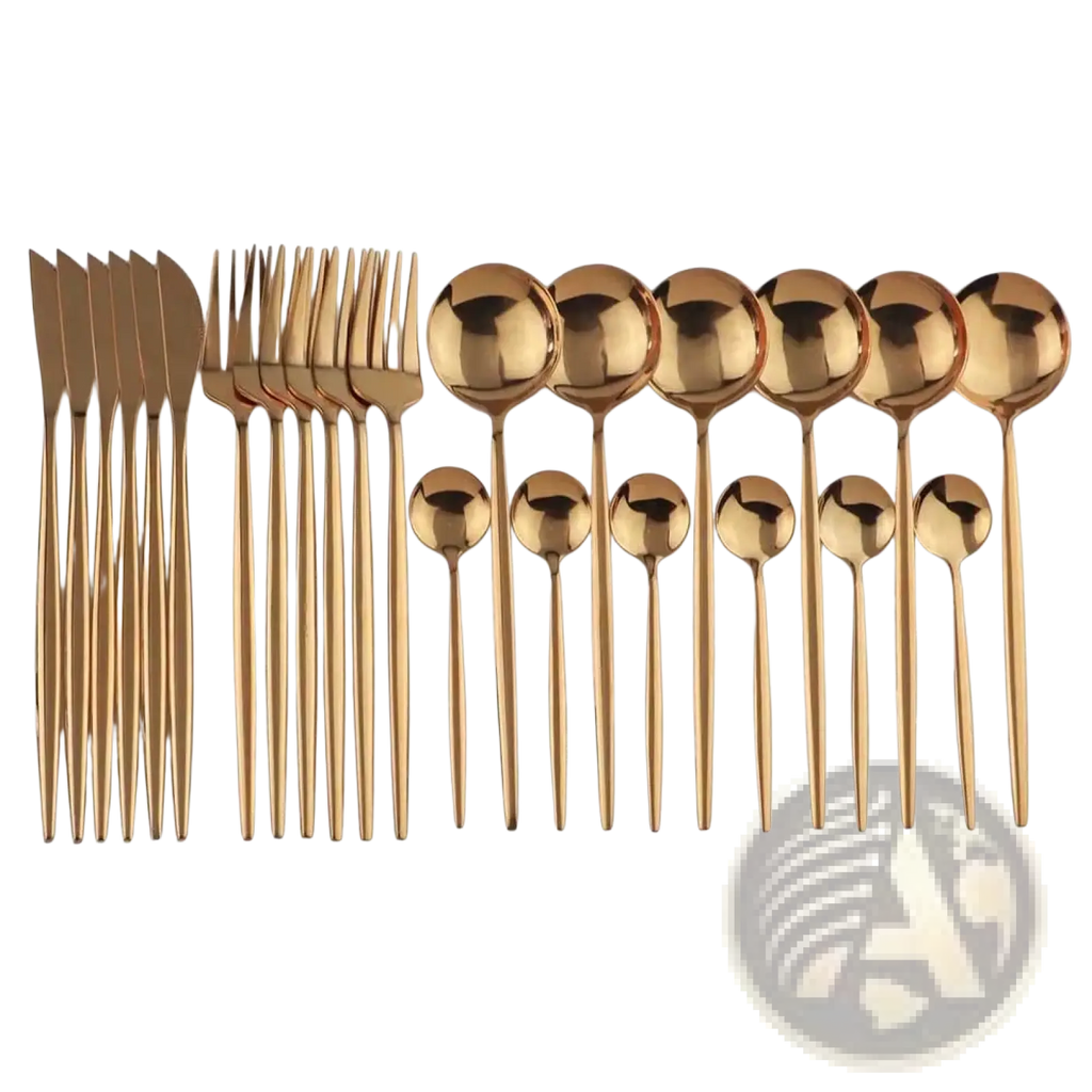 Black stainless steel 24 piece flatware set with gold toned stainless steel cutlery featuring a sleek modern design