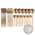 Black stainless steel 24 piece flatware set with gold toned stainless steel cutlery featuring a sleek modern design