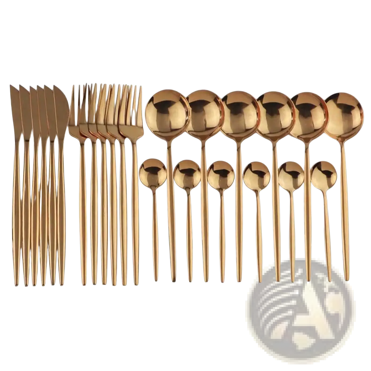 Black stainless steel 24 piece flatware set with gold toned stainless steel cutlery featuring a sleek modern design