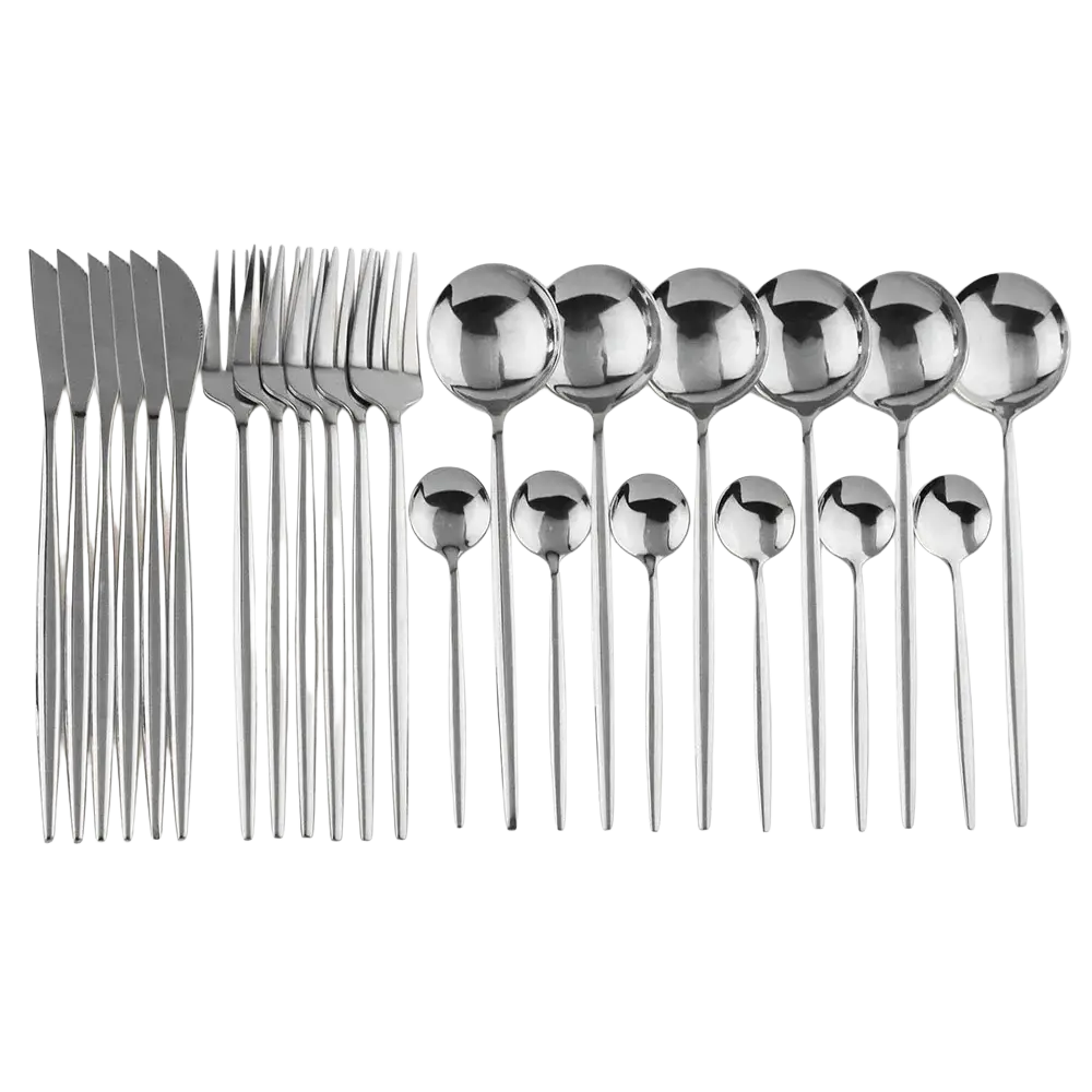 Black stainless steel 24 piece flatware set with shiny polished surfaces and sleek modern long handles
