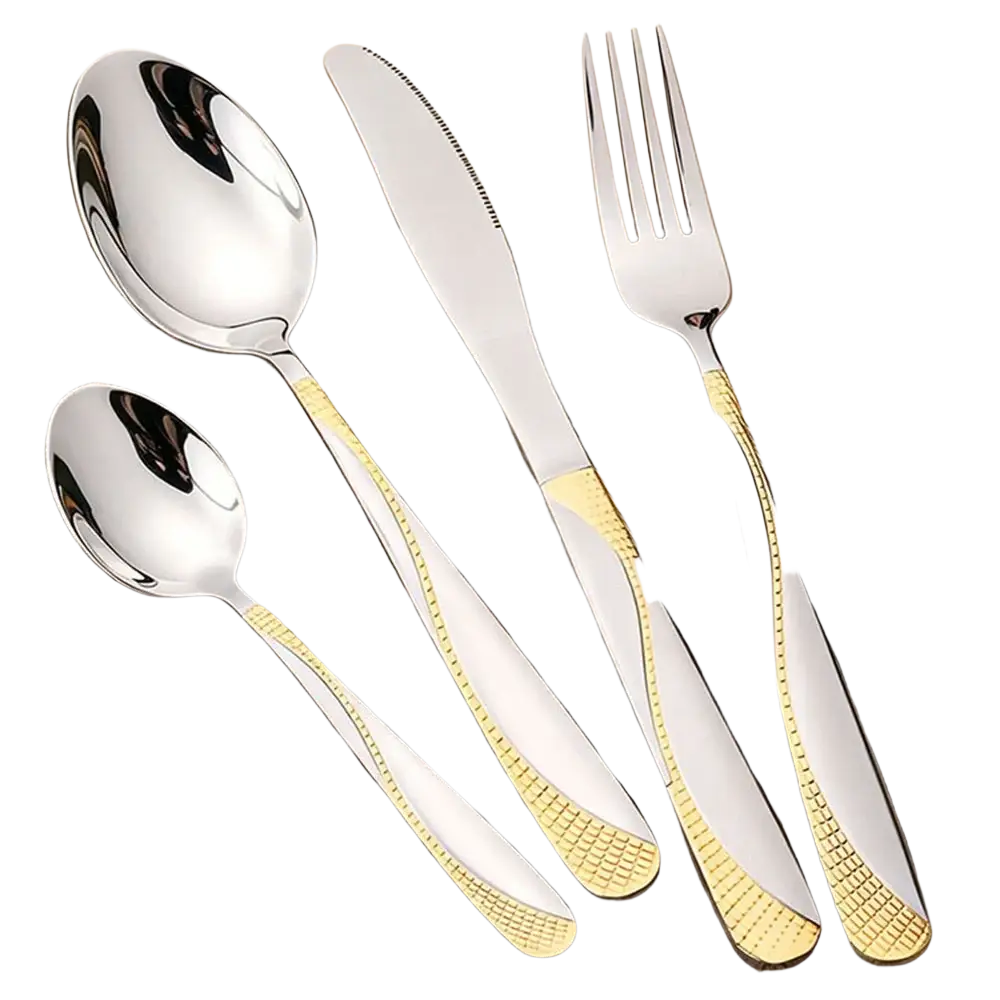 Set of black stainless steel 8-piece cutlery with gold-accented handles and a sleek modern design