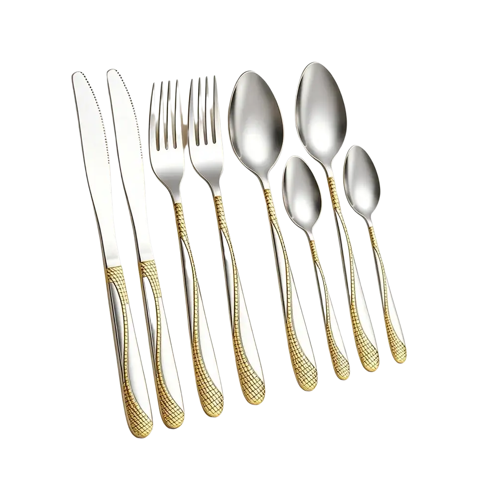 Elegant black stainless steel 8-piece cutlery set with gold-toned textured handles for stylish dining
