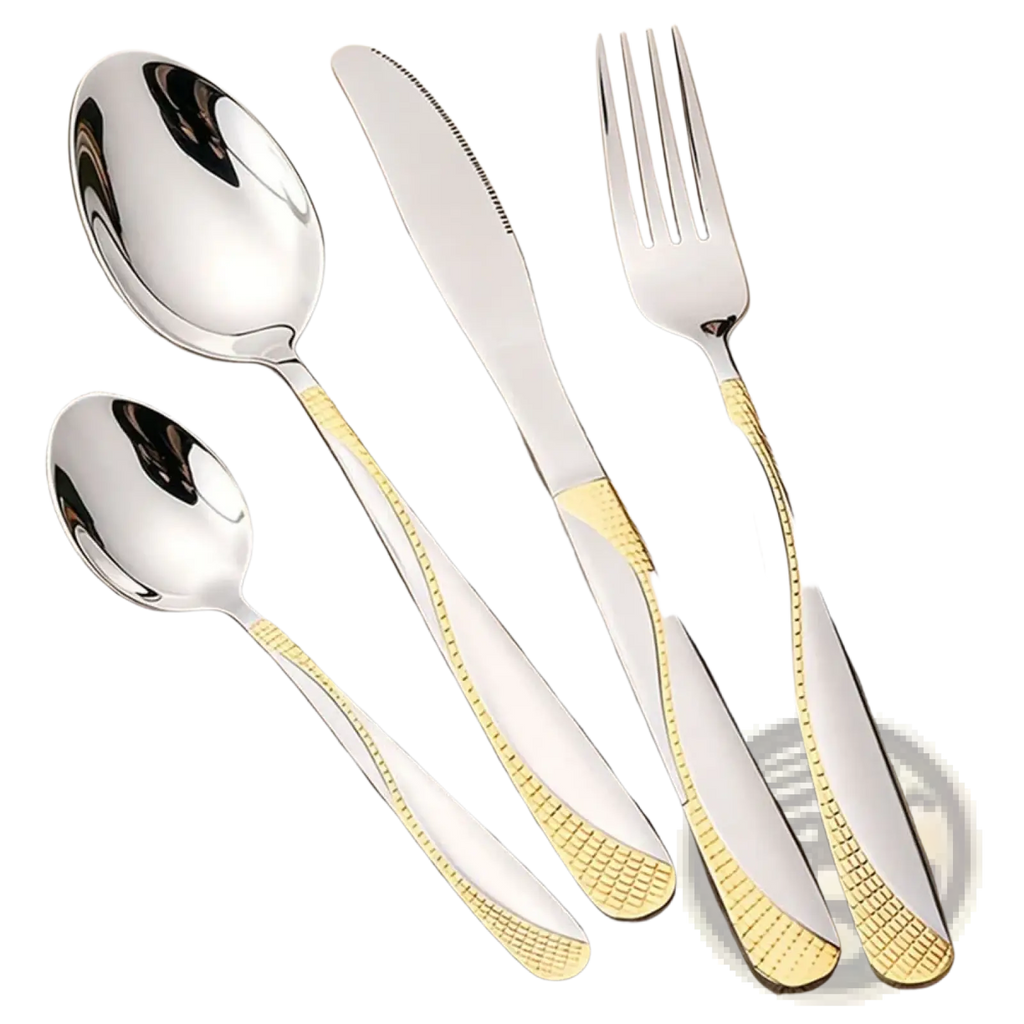 Set of black stainless steel 8-piece cutlery with gold-accented handles and a sleek modern design
