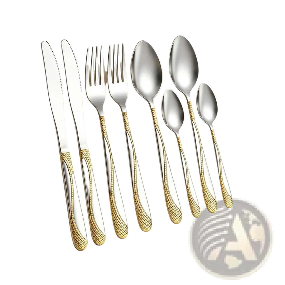 Elegant black stainless steel 8-piece cutlery set with gold-toned textured handles for stylish dining