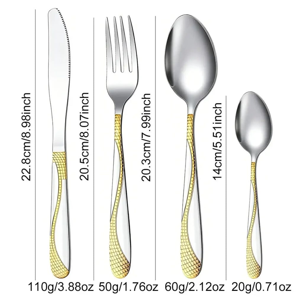 Elegant black stainless steel 8-piece cutlery set with gold-tone woven-patterned handles including knife fork and spoons