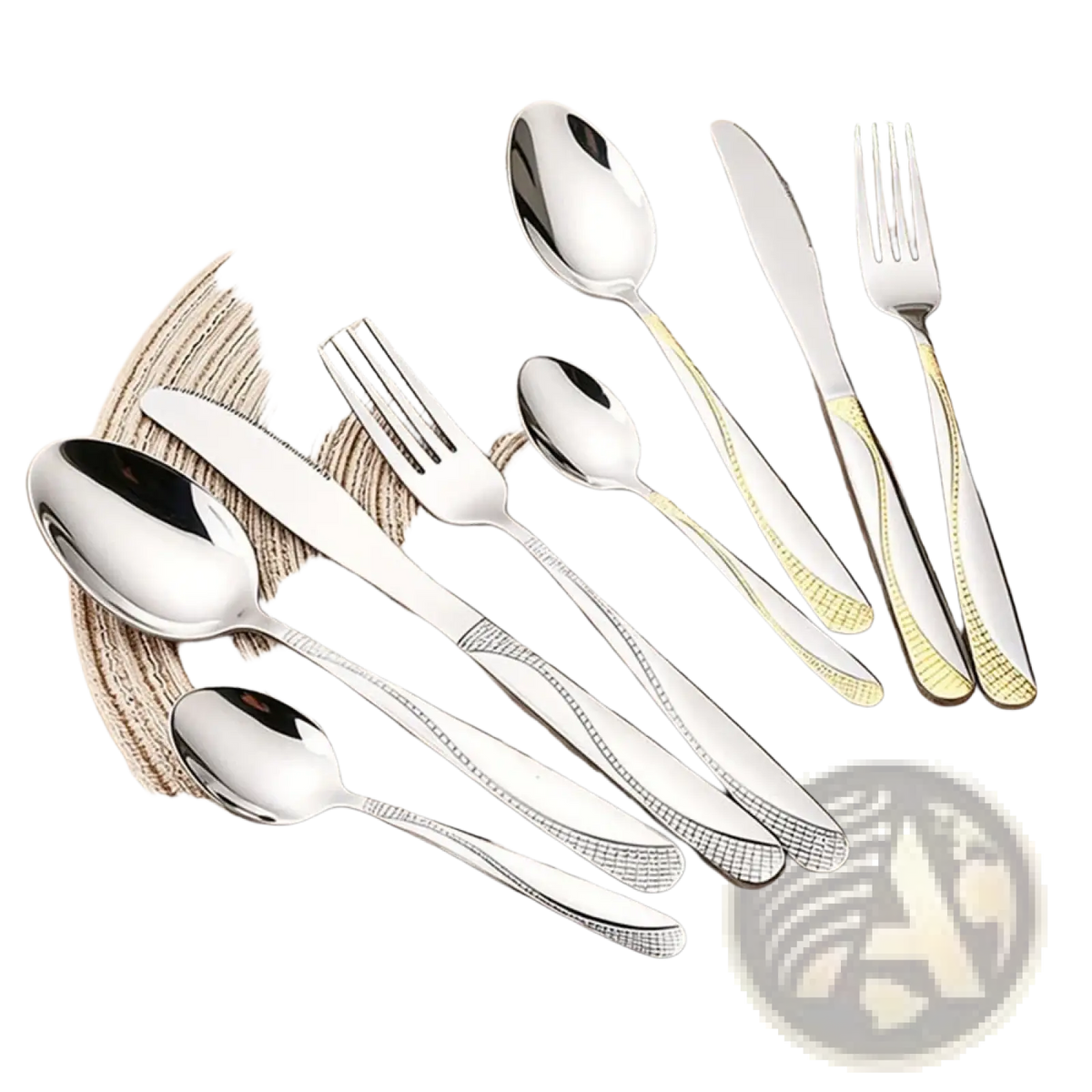 Black stainless steel 8-piece cutlery set with shiny stainless steel and elegant gold-accented engraved handles