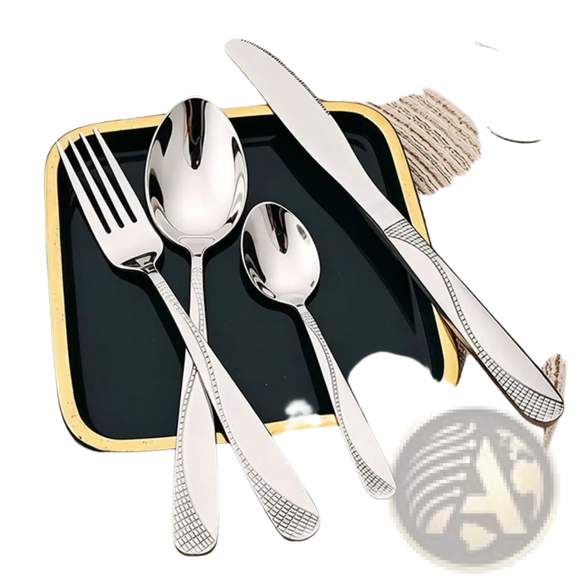 Shiny black stainless steel 8-piece cutlery set with a subtle grid pattern on handles displayed on a black tray