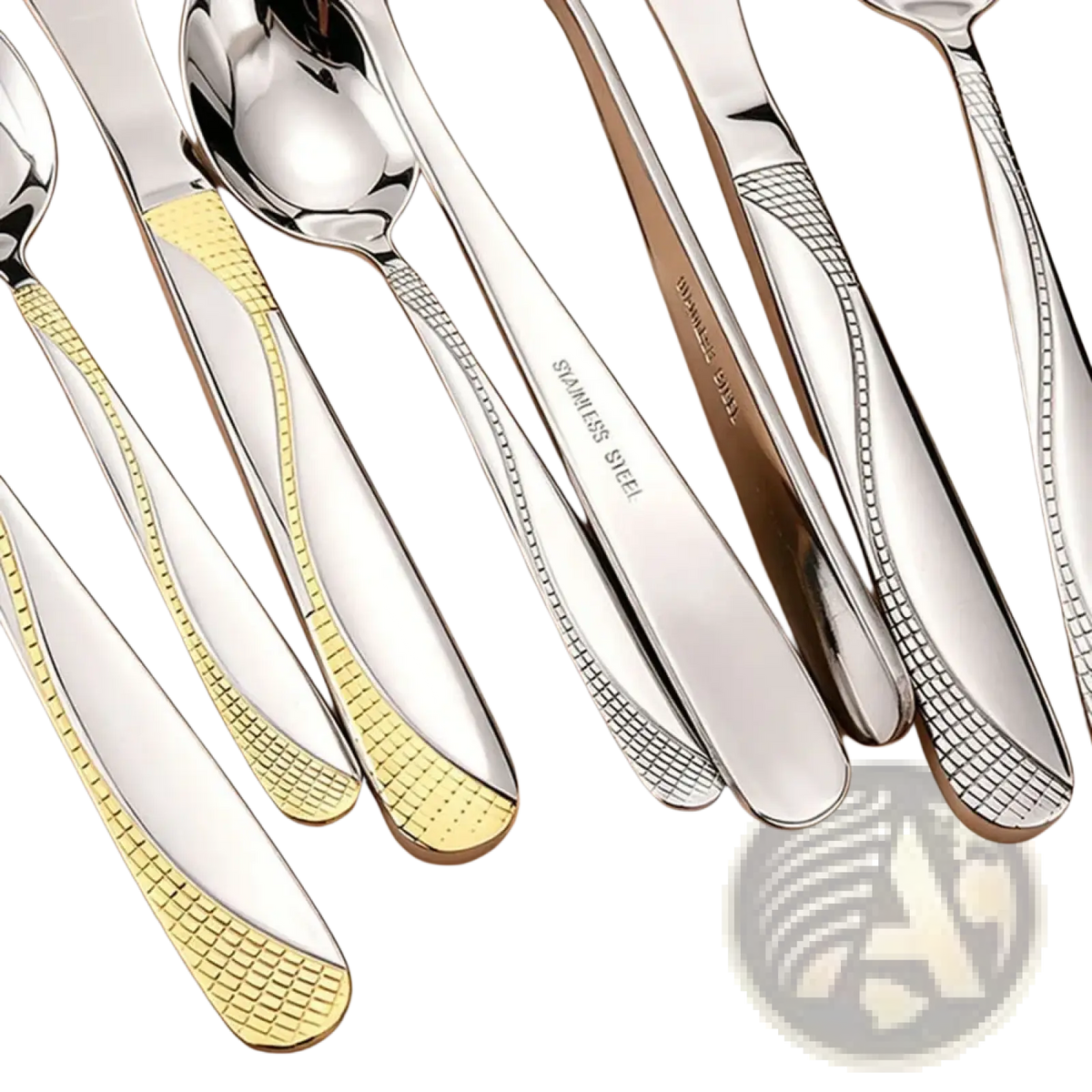 Silver and gold two-tone stainless steel black stainless steel 8-piece cutlery set with textured grid-patterned handles