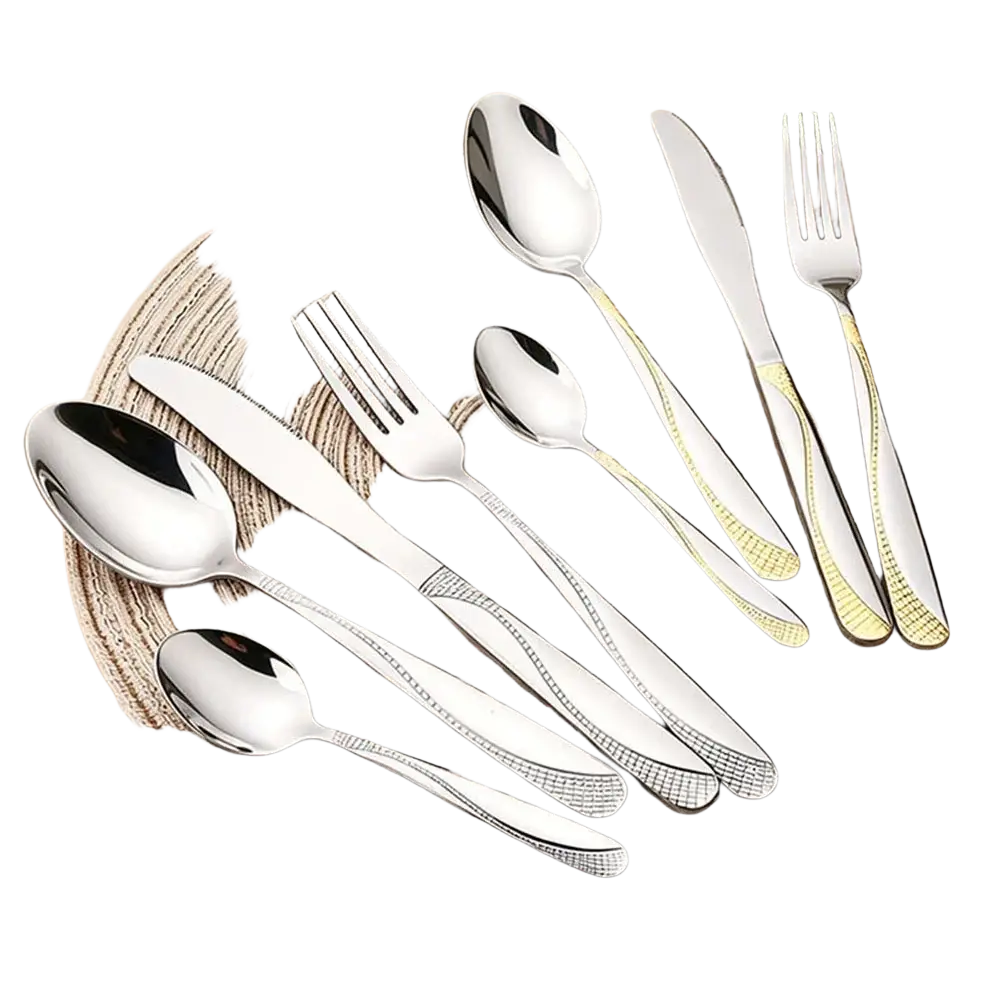Black stainless steel 8-piece cutlery set with shiny stainless steel and elegant gold-accented engraved handles