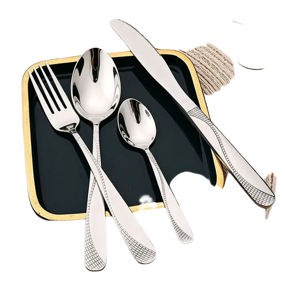 Shiny black stainless steel 8-piece cutlery set with a subtle grid pattern on handles displayed on a black tray
