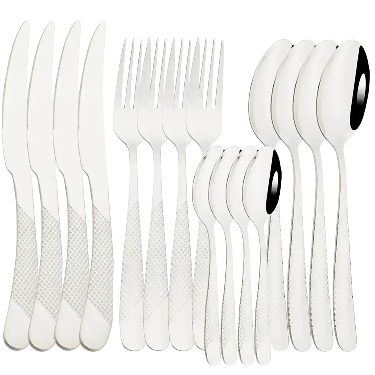 Black stainless steel cutlery set 16 pieces with diamond-patterned handles and black-accented spoon bowls