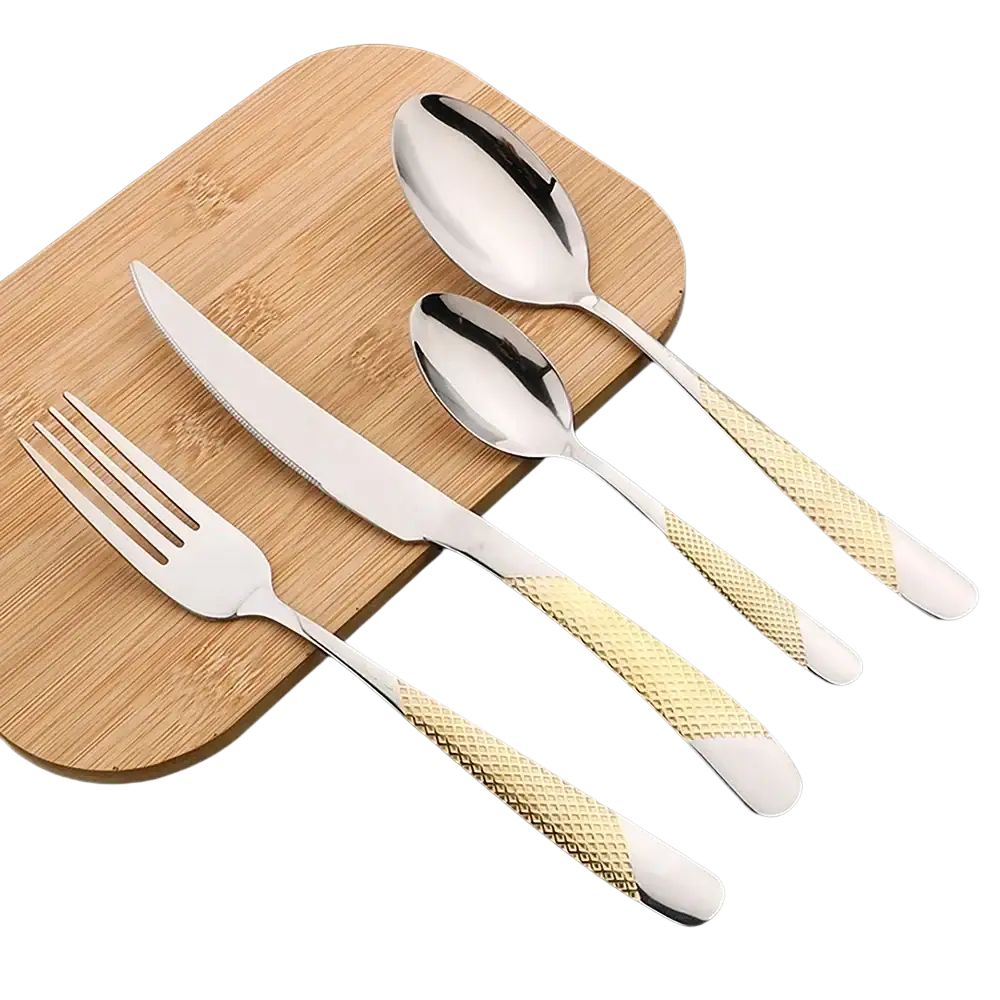 Black stainless steel cutlery set 16 pieces with gold-tone diamond-patterned handles made of stainless steel