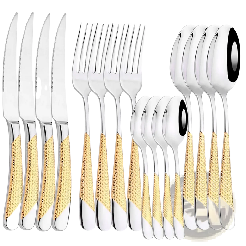 A sleek 15-piece stainless steel cutlery set with gold-tone textured handles and black-rimmed spoon bowls