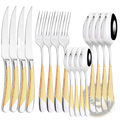 A sleek 15-piece stainless steel cutlery set with gold-tone textured handles and black-rimmed spoon bowls