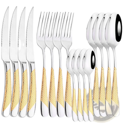 A sleek 15-piece stainless steel cutlery set with gold-tone textured handles and black-rimmed spoon bowls