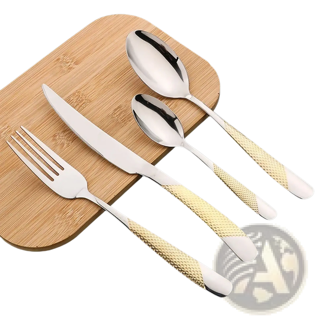 Black stainless steel cutlery set 16 pieces with gold-tone diamond-patterned handles made of stainless steel