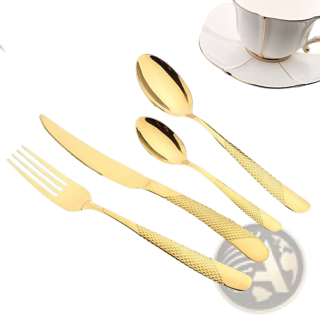 Black stainless steel cutlery set 16 pieces with golden textured diamond-patterned stainless steel handles