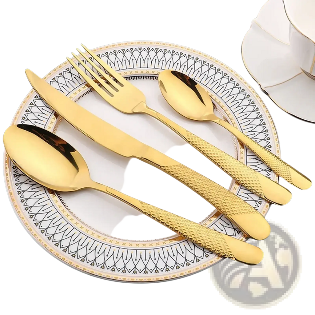 Golden stainless steel cutlery set with textured diamond-patterned handles featured in a black stainless steel cutlery set 16 pieces