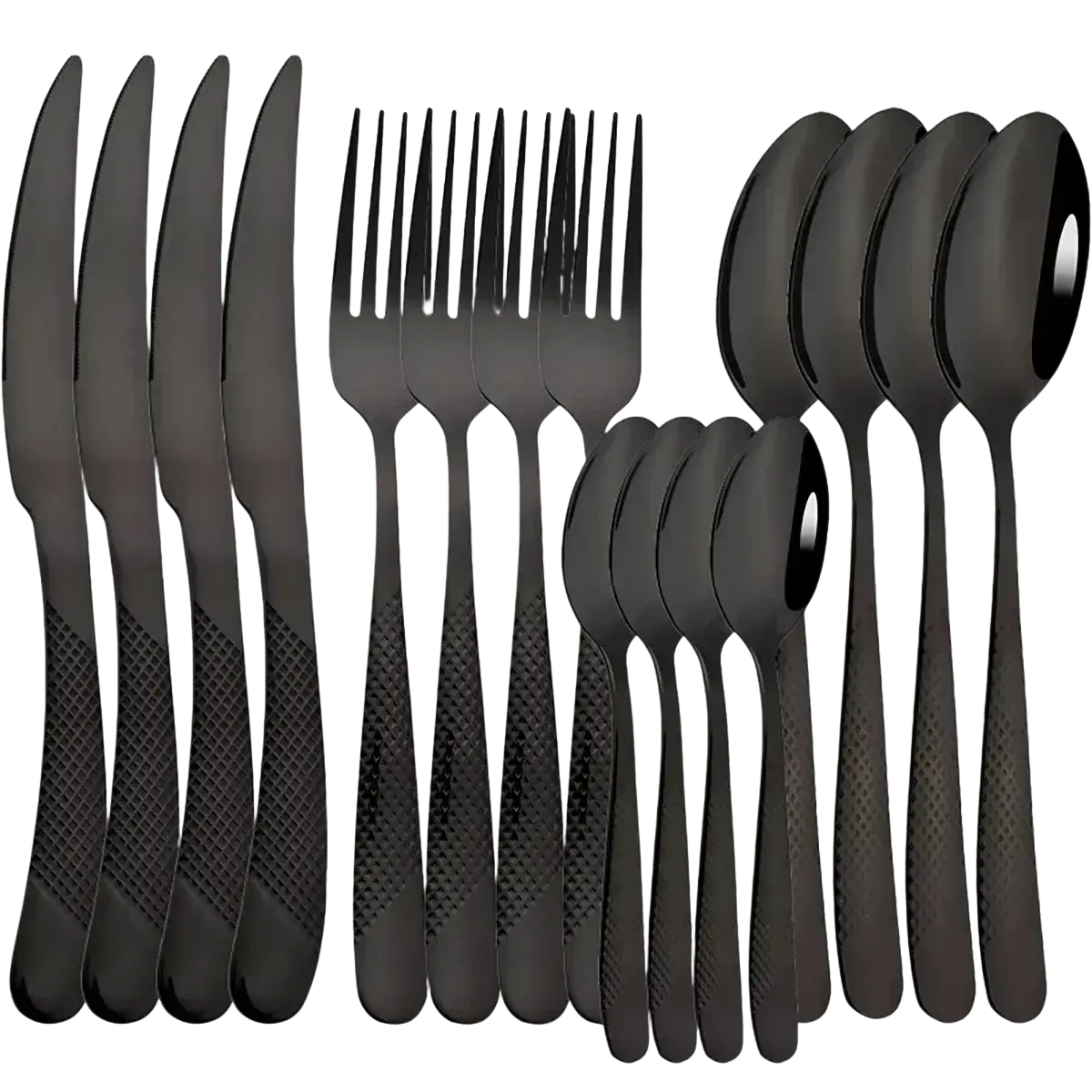 Black stainless steel cutlery set 16 pieces with matte finish and textured grip handles