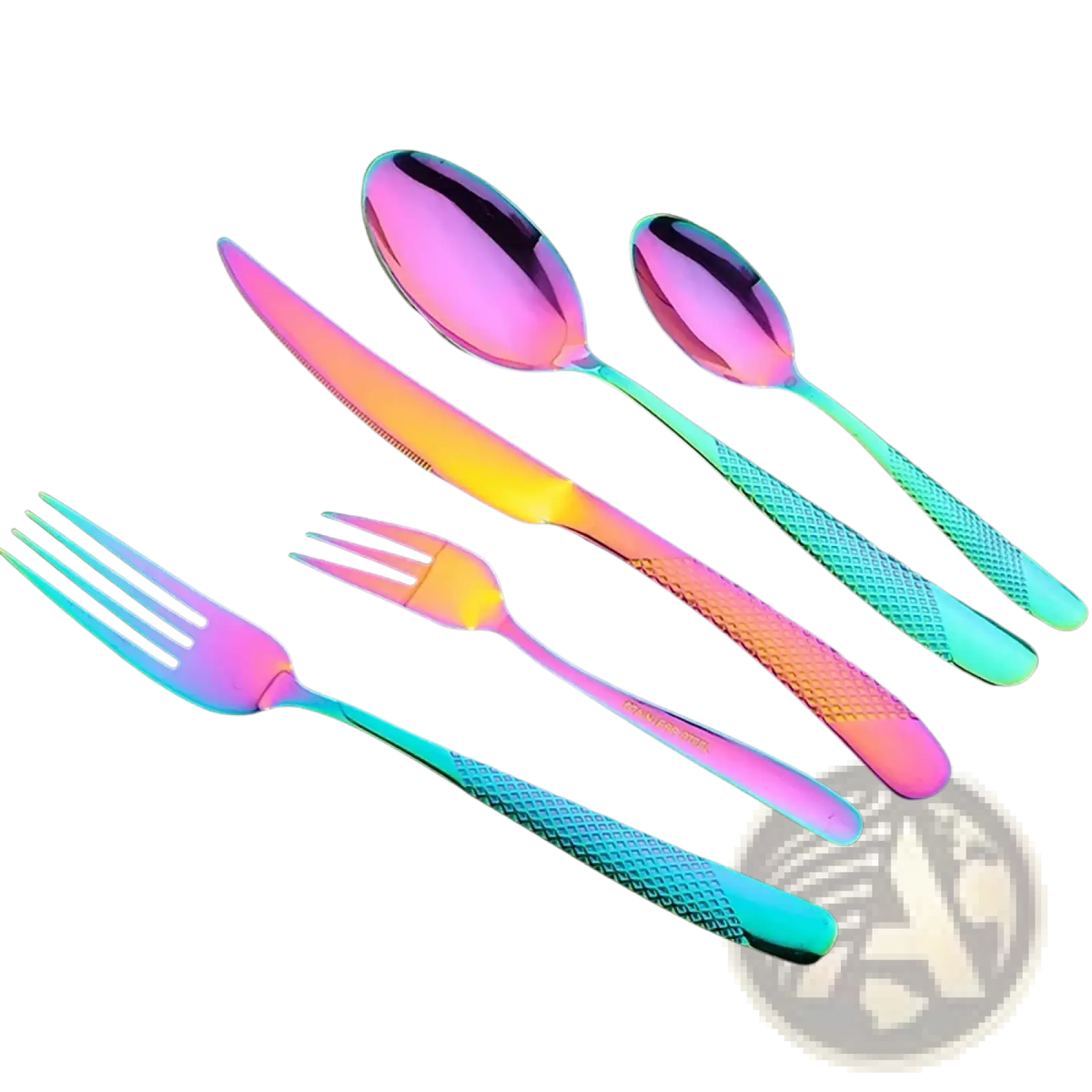 Black stainless steel cutlery set 16 pieces with rainbow-colored textured iridescent handles for dining use